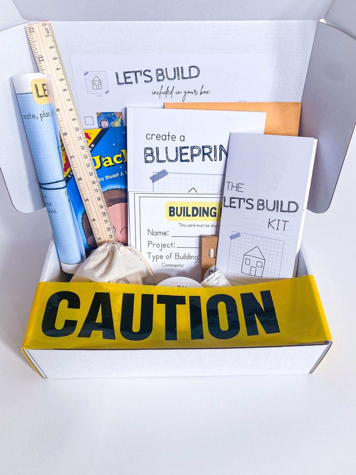 Play-based construction kit for children with homemade non-toxic playdough, brick playdough roller, building blocks, and role play items like blueprint and caution tape. Comes with a blueprint journal, ruler, and 'Jack the Builder' book for creative play.