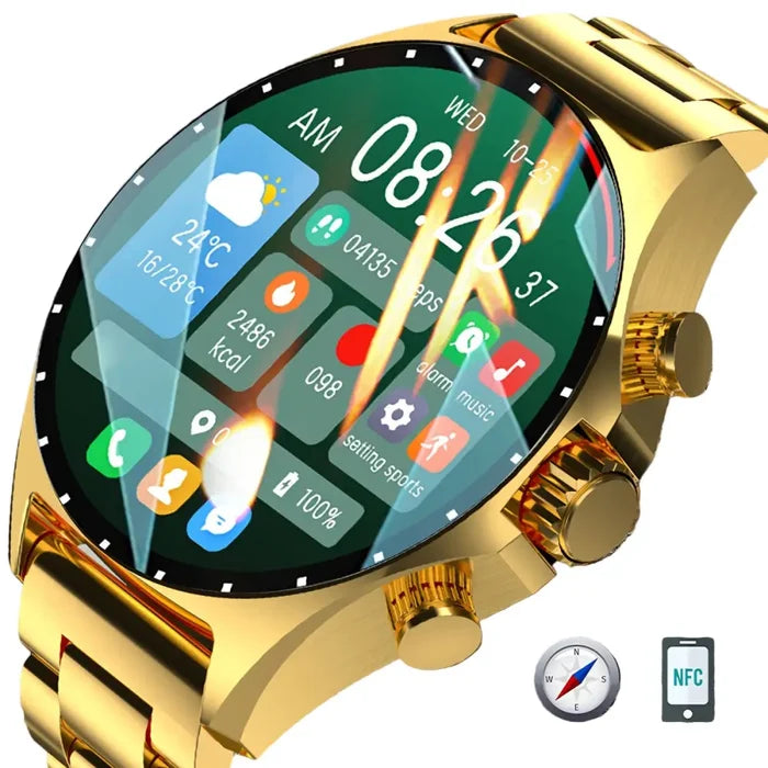 Habicare LIGE men's smart watch with touch screen, wireless call capability, and fitness tracking, shown in a sleek design.