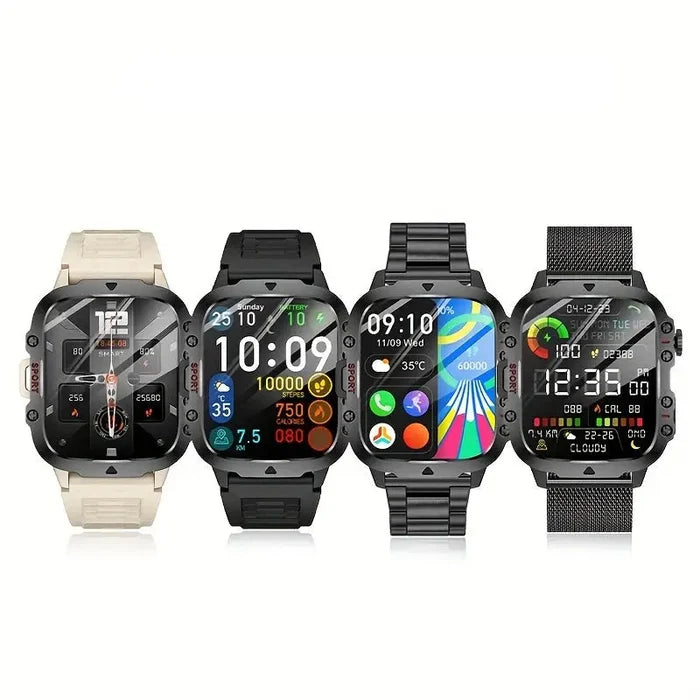 Habicare LIGE men's smartwatch with voice assistant, breathing exercises, raise-to-wake screen, shown in four colors.