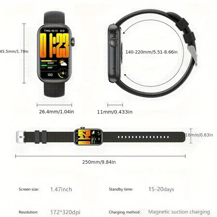 Habicare LIGE Smart Watch with HD TFT display, wireless calls, and 100+ sports modes in three colors, TWS compatible.