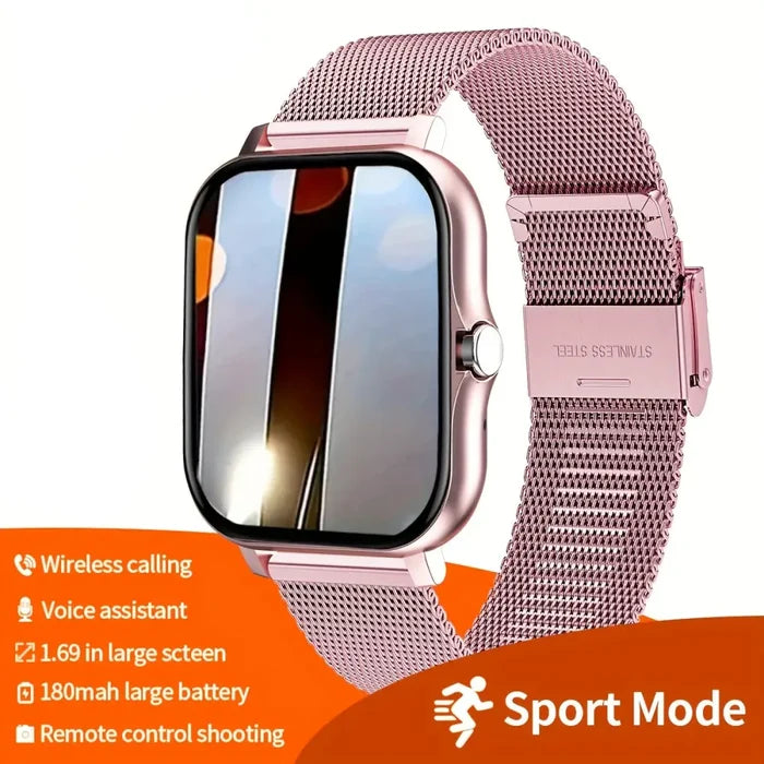 Habicare LIGE smart TWS watch displaying customizable wallpaper, call functions, and music control in four colors.