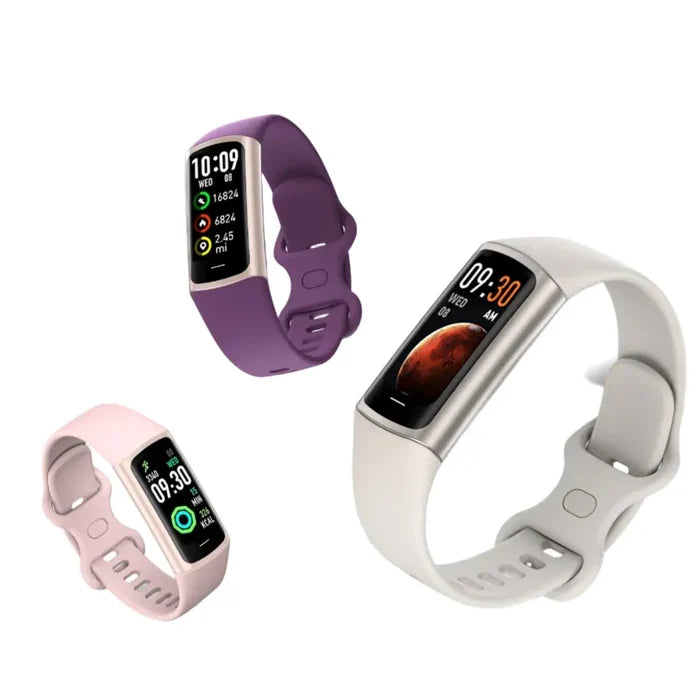 Habicare LIGE Smartwatch TWS with wireless calls and multi-sport modes in five colors, showing the watch display and colorful bands.