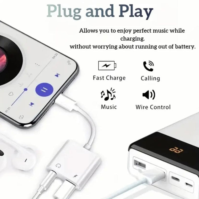 9eight5 Lightning Audio & Charge Adapter (MH030) for iPhone, showing compact black connector with dual ports for audio and charging.