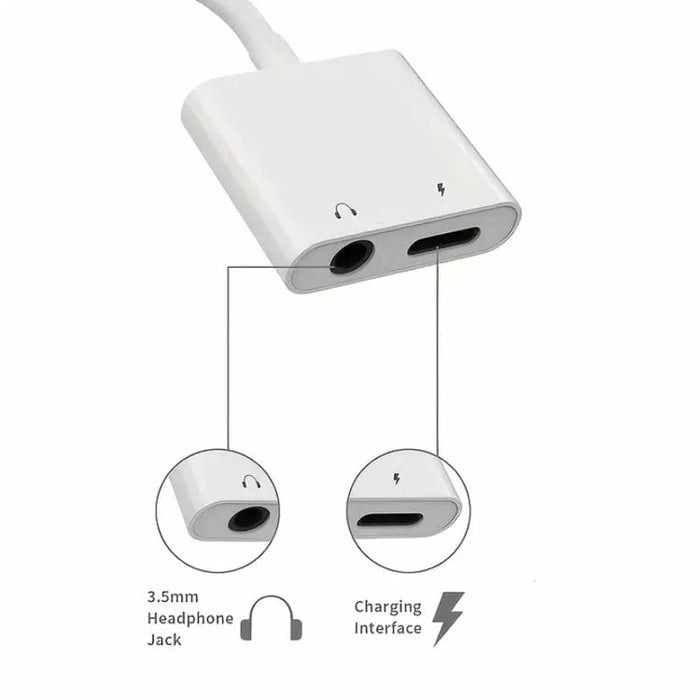 9eight5 Lightning Audio & Charge Adapter MH030 connected to iPhone showing audio and charging ports in use.