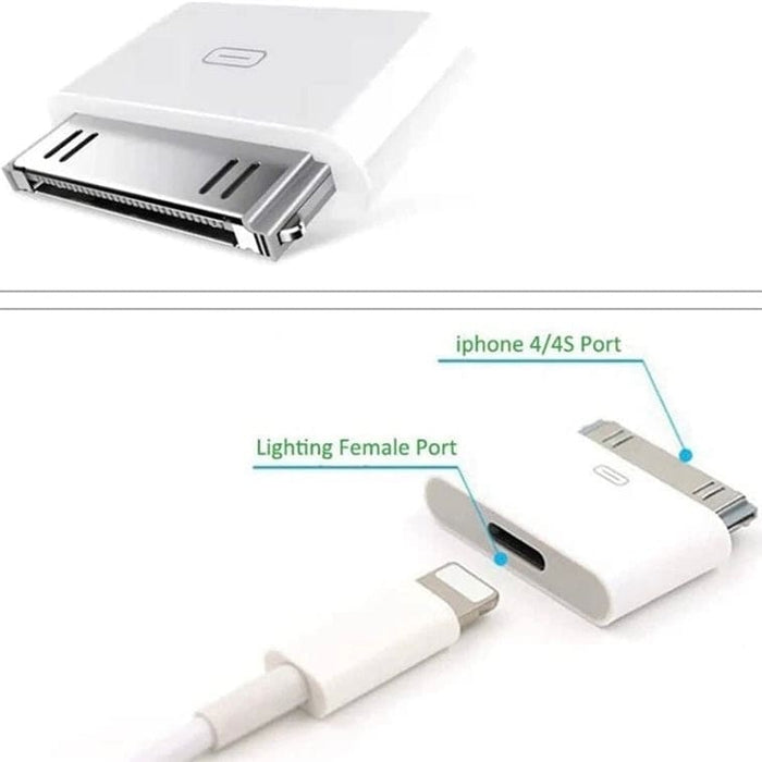 9eight5 Lightning to 30-pin adapter for electronics accessories, showing the compact silver connector on a white background.