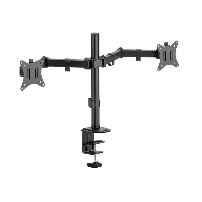 Locktight dual-monitor steel articulating mount by sue-e furniture for adjustable, space-saving monitor setup.