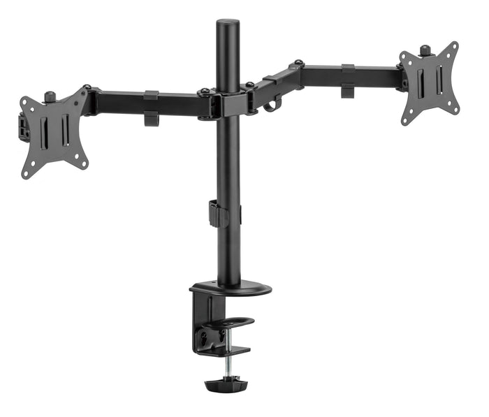 Locktight dual-monitor steel articulating mount by sue-e furniture, adjustable monitor arms for ergonomic workspace setup.