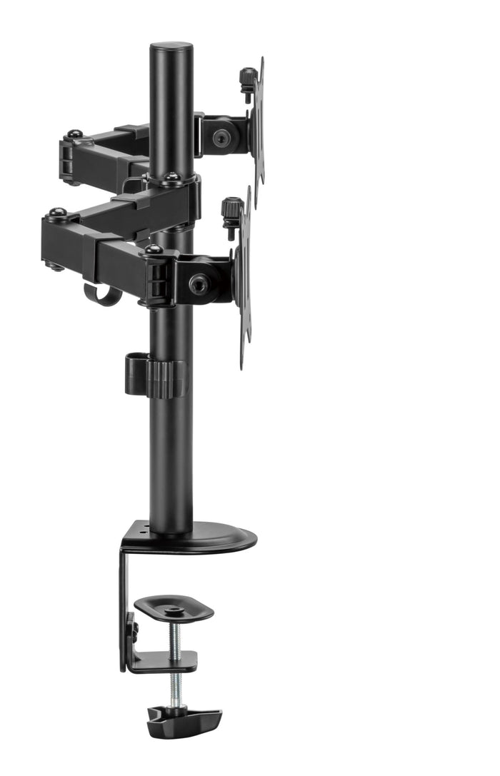 Locktight dual-monitor steel articulating mount by sue-e furniture, showing adjustable arms and secure mounting brackets for monitors.