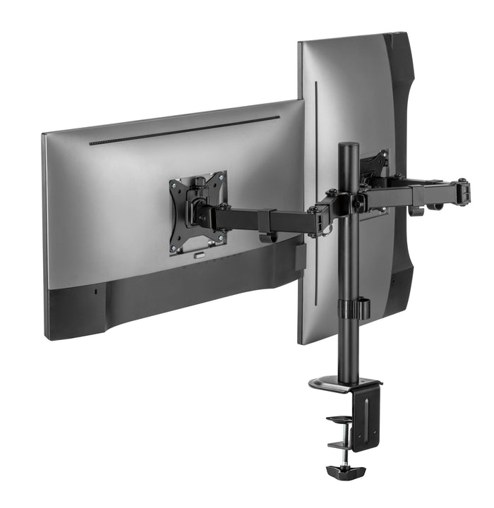 Locktight Dual-Monitor steel articulating mount by sue-e furniture, showing close-up of adjustable arms and mounting brackets.