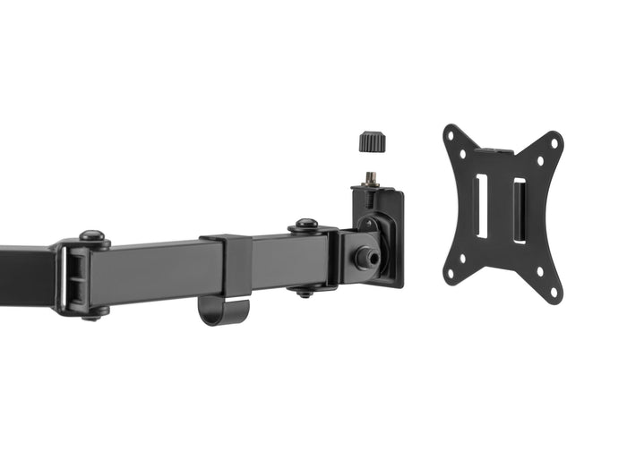 Locktight dual-monitor steel articulating mount by Sue-E Furniture, showing detailed view of adjustable arms and mounting brackets.