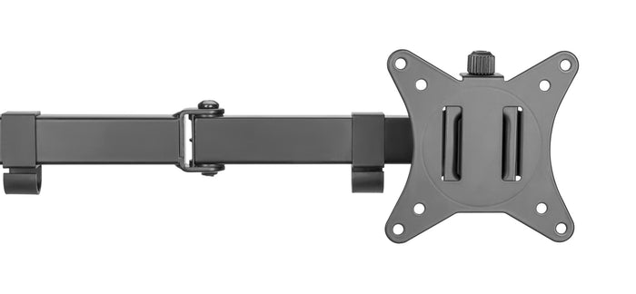 Steel articulating monitor mount for dual screens by Sue-E Furniture, showing adjustable arms and sturdy construction.