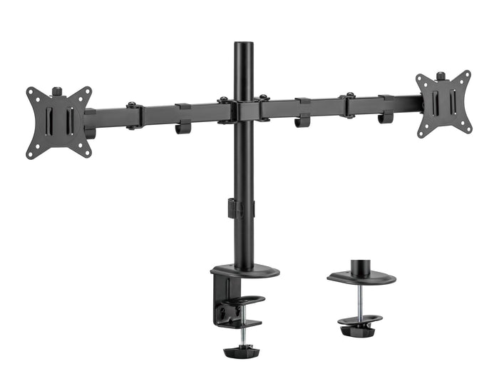 Steel articulating monitor mount for dual screens by Sue-E Furniture, with adjustable arms for ergonomic setup.