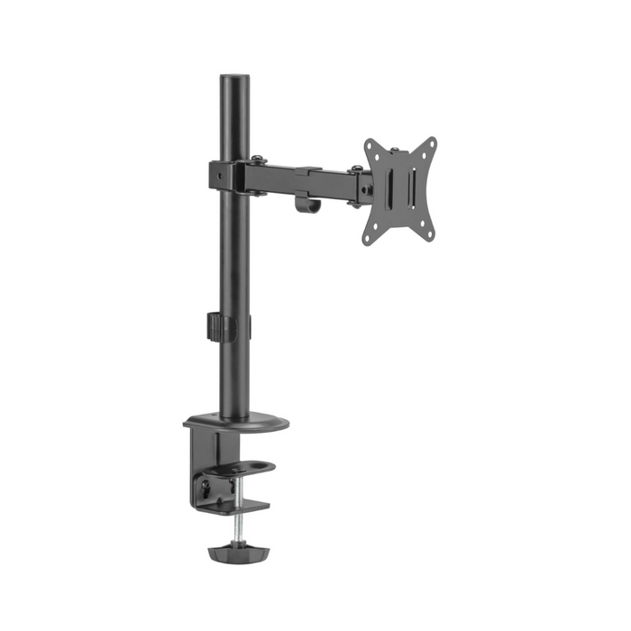Steel articulating monitor mount by Sue-E Furniture, adjustable single-monitor wall mount for ergonomic workspace setup.
