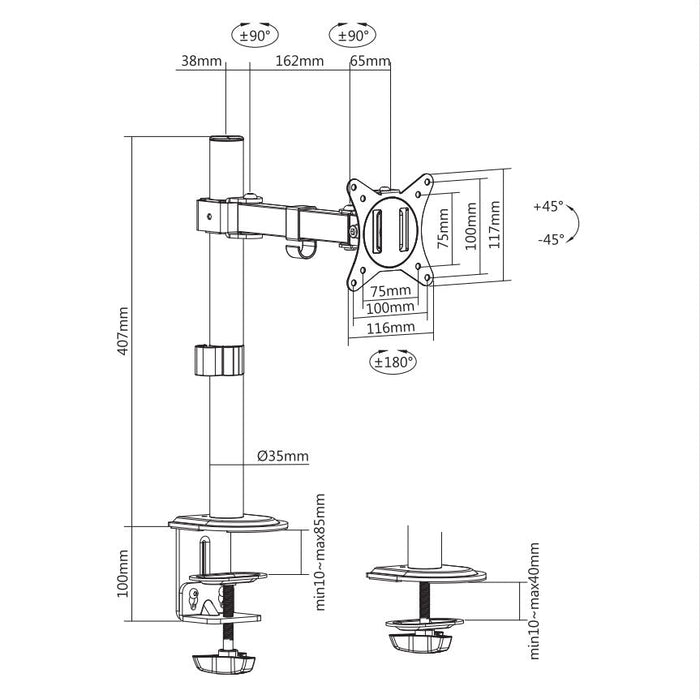 Locktight single-monitor steel articulating mount by sue-e furniture, showcasing adjustable arm and secure attachment for desktop monitors.