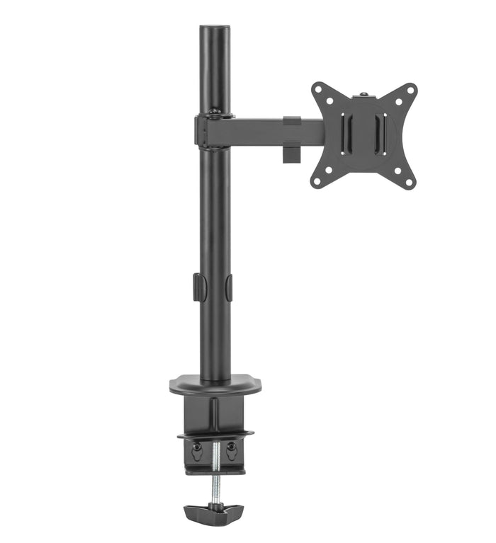 Steel articulating monitor mount by Sue-E Furniture, adjustable single-monitor mount for ergonomic workspace setup.