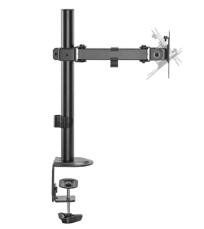 Steel articulating monitor mount by sue-e furniture with adjustable arm and secure clamp for single-monitor setup.