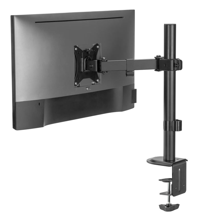 Locktight single-monitor steel articulating mount by sue-e furniture, showing close-up of adjustable arm and mounting plate.