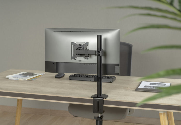 Steel articulating monitor mount by Locktight for single screen, adjustable arm, compatible with sue-e furniture monitor accessories.