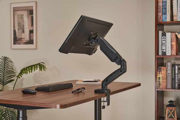 Locktight spring-assisted monitor mount arm by sue-e furniture, showcasing adjustable arm and mounting bracket for monitor support.