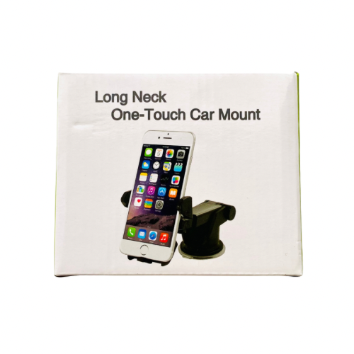 9eight5 long neck car mount phone holder attached to a vehicle dashboard holding a smartphone securely.
