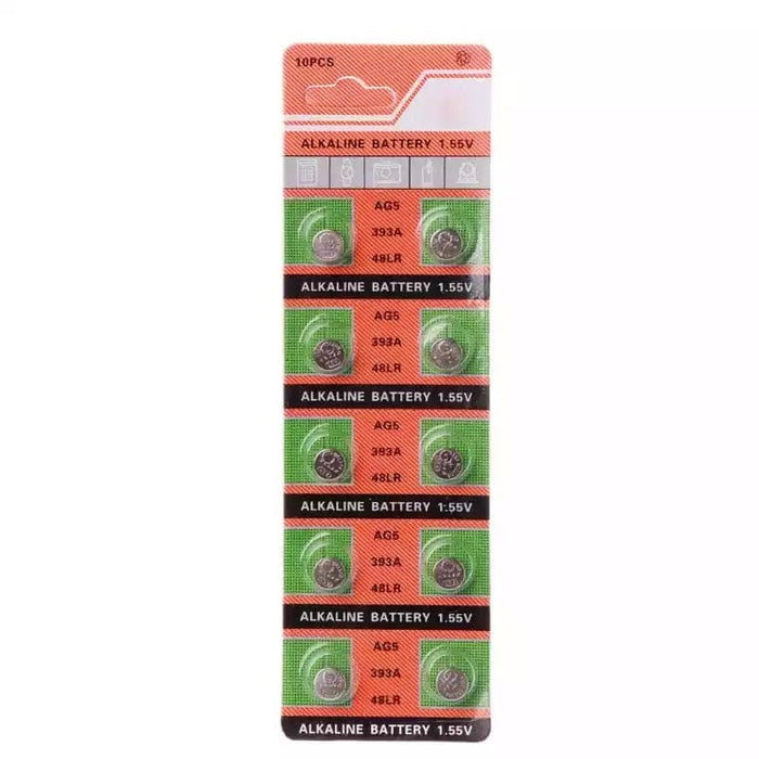 LR754 AG5 batteries in a 10-pack, small hearing aid batteries with brand label, suitable for compact electronic devices.