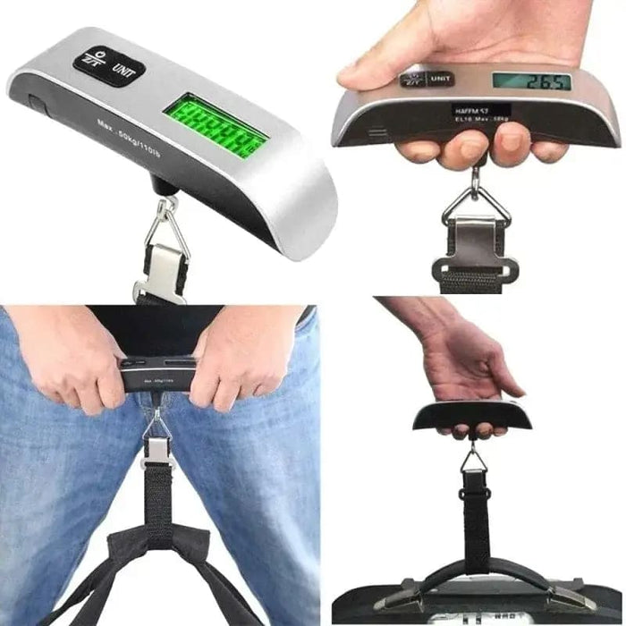 9eight5 luggage scale showing weight measurement from 0.1kg to 50kg, multipurpose tool for travel luggage weight checking.