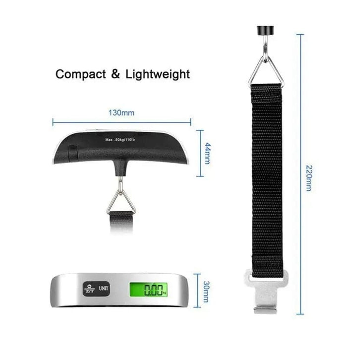 9eight5 luggage scale for weighing bags from 0.1kg to 50kg, compact tools and kits for travel and shipping.