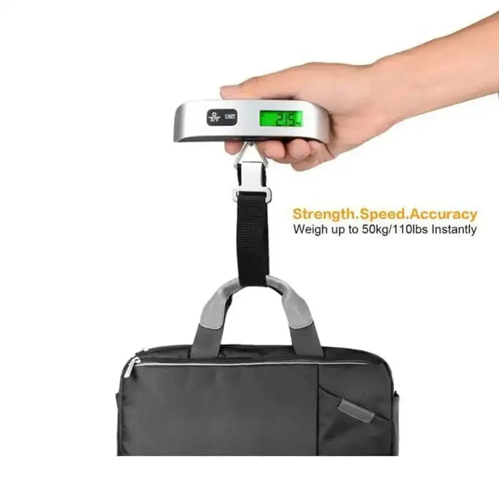 9eight5 luggage scale for measuring weights from 0.1kg to 50kg, featuring a digital display and durable design for travel.