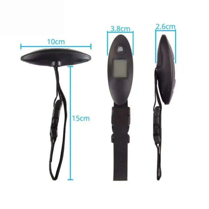 9eight5 luggage scale displaying weight measurement from 0.1kg to 40kg, with digital screen and sturdy handle for travel luggage.
