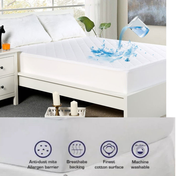 Sue-e Furniture Lux Shield cotton waterproof mattress protector in queen size, with soft cotton fabric and waterproof barrier.