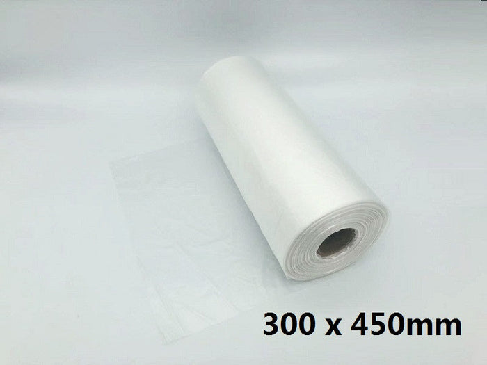 Roll of 1000 plastic bags in size 300x450mm from dealonlinenz, clear and durable for packaging or storage.