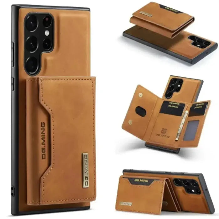 Brown M2 leather case for Samsung by 9eight5, featuring a wallet design with magnetic closure and built-in card slots.