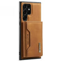 Brown M2 leather Samsung case by 9eight5 with built-in wallet, featuring magnetic closure and card slots.