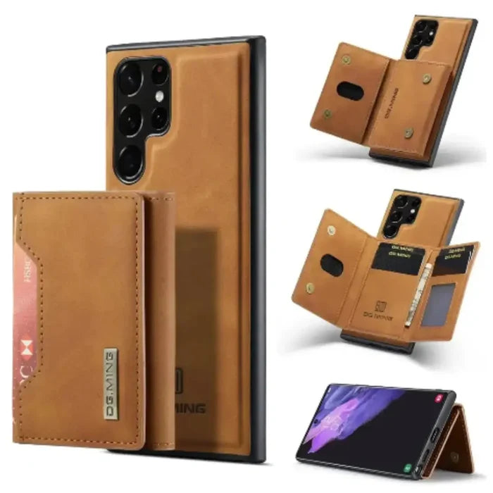 Habicare M2 leather case for Samsung in brown with wallet design, featuring magnetic closure and card slots.