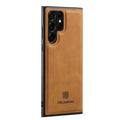 Brown M2 Leather Case for Samsung by Habicare, with magnetic closure and sleek design, shown on a Samsung phone.