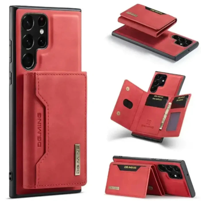 Red M2 leather case for Samsung with wallet feature by Habicare, stylish protective cover with magnetic closure.
