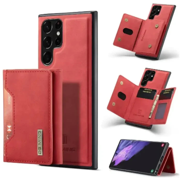 Red M2 leather case with wallet for Samsung Galaxy, magnetic closure, from 9eight5 by Habicare, featuring a sleek design and card slots.