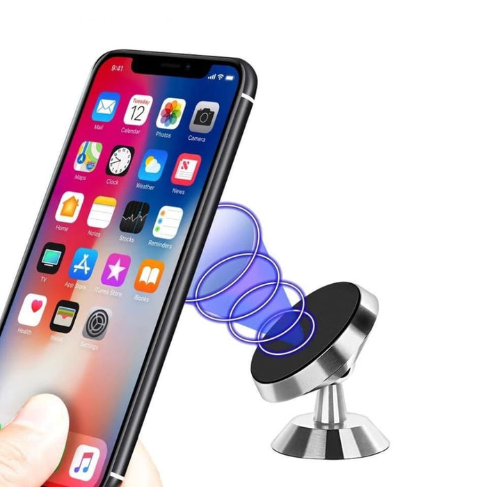 Black magnetic phone holder by 9eight5 for phones and tablets, shown attached to a metal surface.