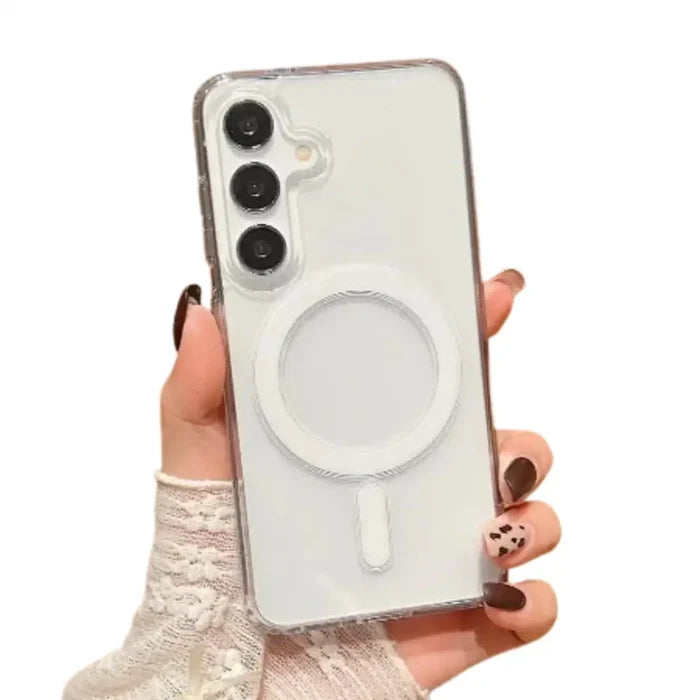 Clear MagSafe case for Samsung Galaxy S and A series by 9eight5 from Habicare, showcasing transparent design and precise cutouts.