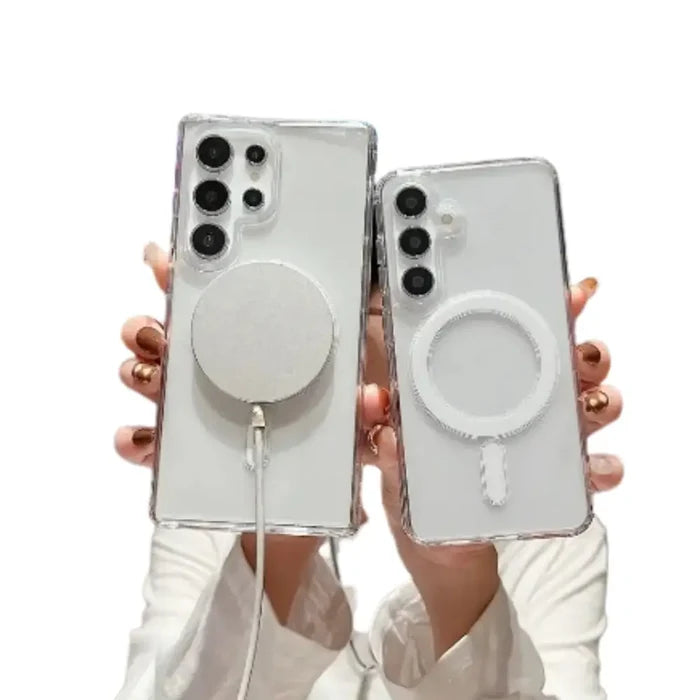 Clear MagSafe case for Samsung Galaxy S and A series by 9eight5 from Habicare, showing the transparent protective cover.