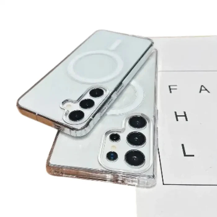 Clear MagSafe case for Samsung Galaxy S and A series by 9eight5, showing the transparent design and magnetic attachment feature.