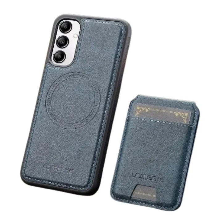 Blue Habicare 9eight5 MagSafe leather case for Samsung S and A series smartphones, showcasing sleek, textured leather design.