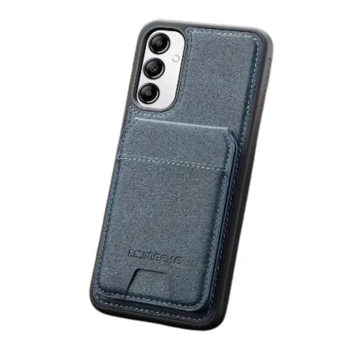Habicare 9eight5 Magsafe leather case in blue for Samsung S and A Series smartphones, showing a close-up of the textured leather surface.