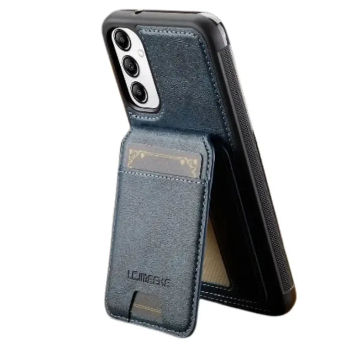Blue MagSafe leather case for Samsung S and A Series phones by Habicare, featuring sleek, durable design and precise fit.