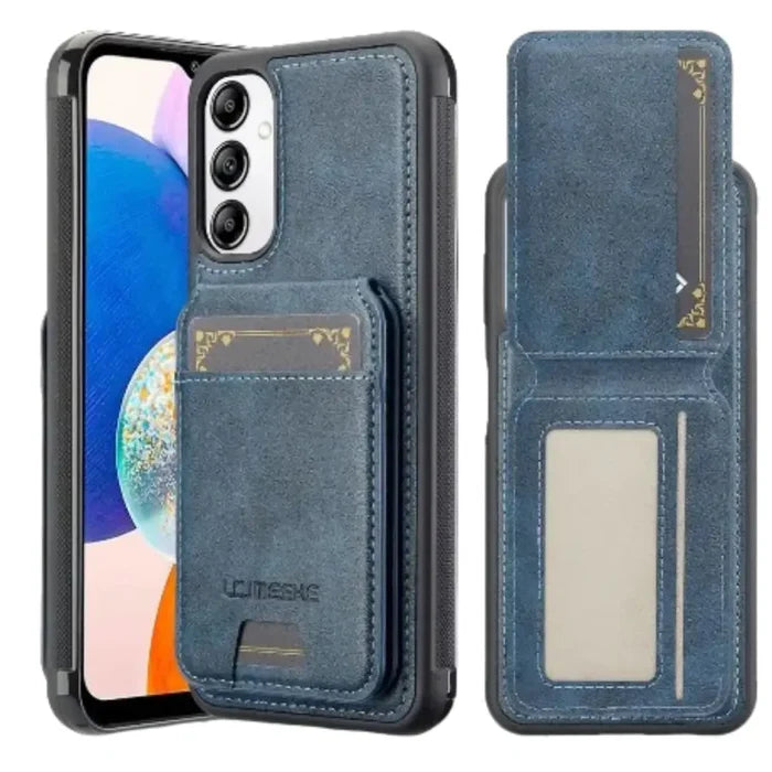Blue Magsafe leather case for Samsung S and A Series smartphones by Habicare, featuring precise cutouts and durable material.