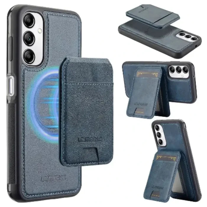 Habicare 9eight5 MagSafe leather case in blue for Samsung S and A series smartphones, providing stylish protection.