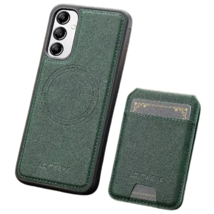 Green Habicare Magsafe Wallet Case for Samsung S/A Series 2-in-1, protective phone case with card holder feature.