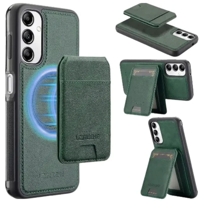 Green 9eight5 Magsafe Wallet Case for Samsung S/A Series 2-in-1, featuring card slots and magnetic attachment