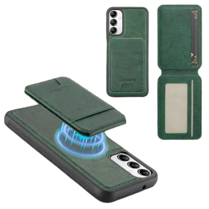Green MagSafe wallet case for Samsung S/A Series by Habicare, 2-in-1 design with card slot and protective cover.