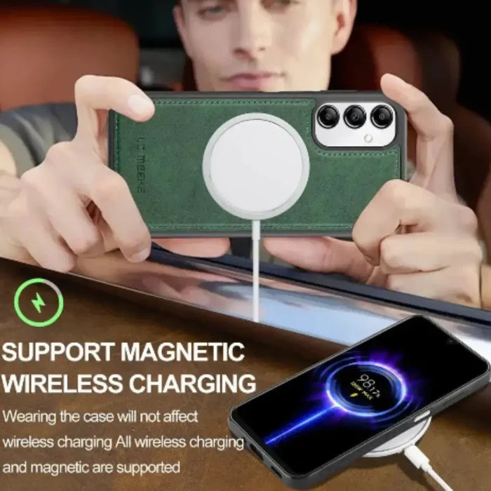 Green Magsafe Wallet Case for Samsung S/A Series 2-in-1 by Habicare, featuring a slim design with card storage and magnetic attachment.